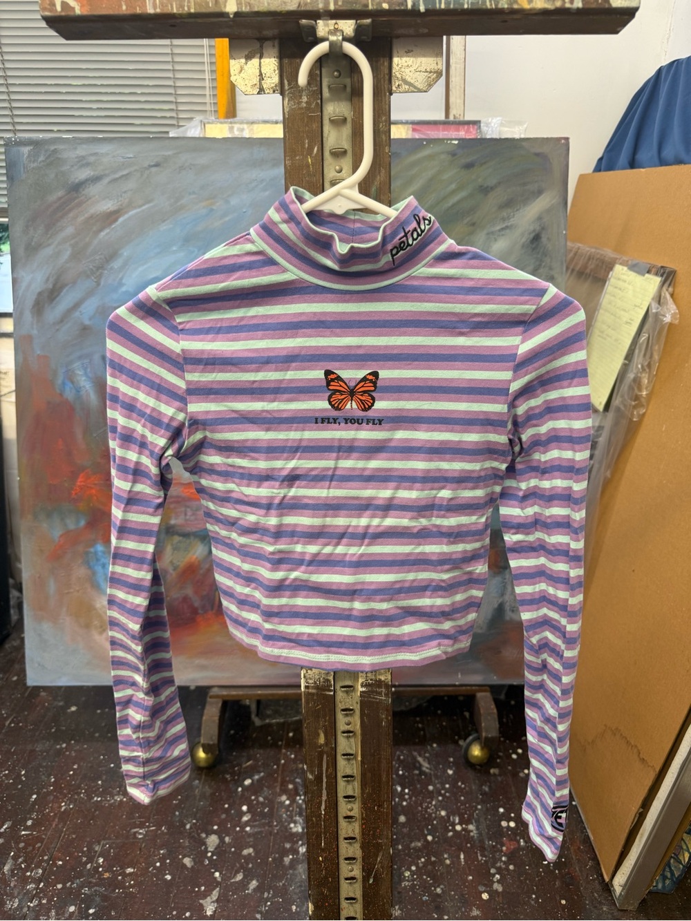 Purple & Mint Striped Turtleneck Crop Top with Butterfly